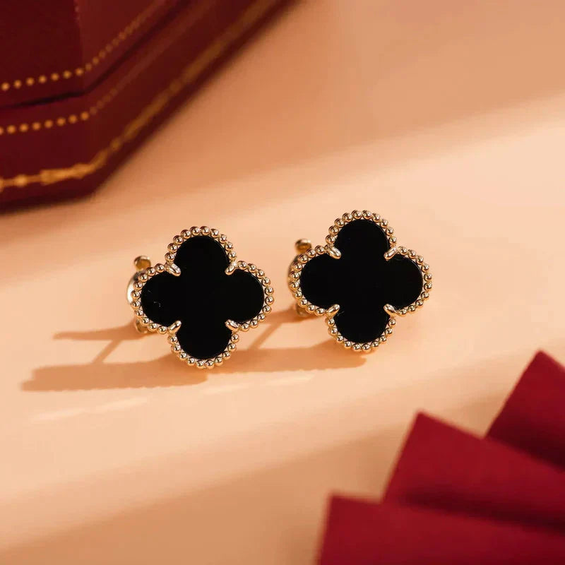 [✨Rose💎]CLOVER MEDIUM 1 MOTIFS  ONYX STUD EARRINGS