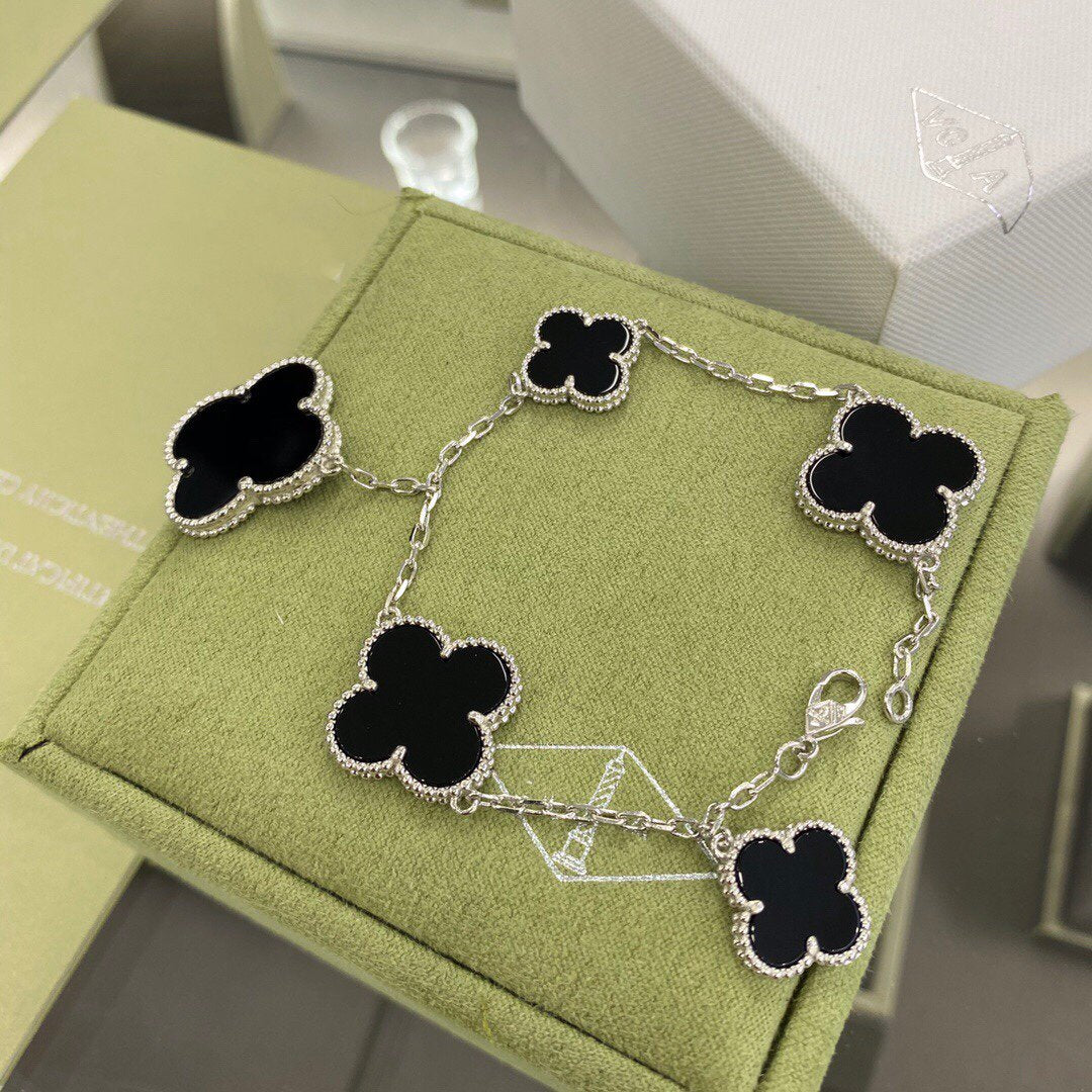 [✨Rose💎]BRACELET TRÈFLE 5 MOTIFS ARGENT ONYX
