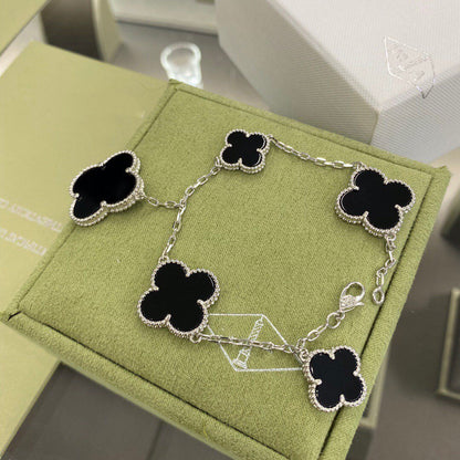 [✨Rose💎]BRACELET TRÈFLE 5 MOTIFS ARGENT ONYX