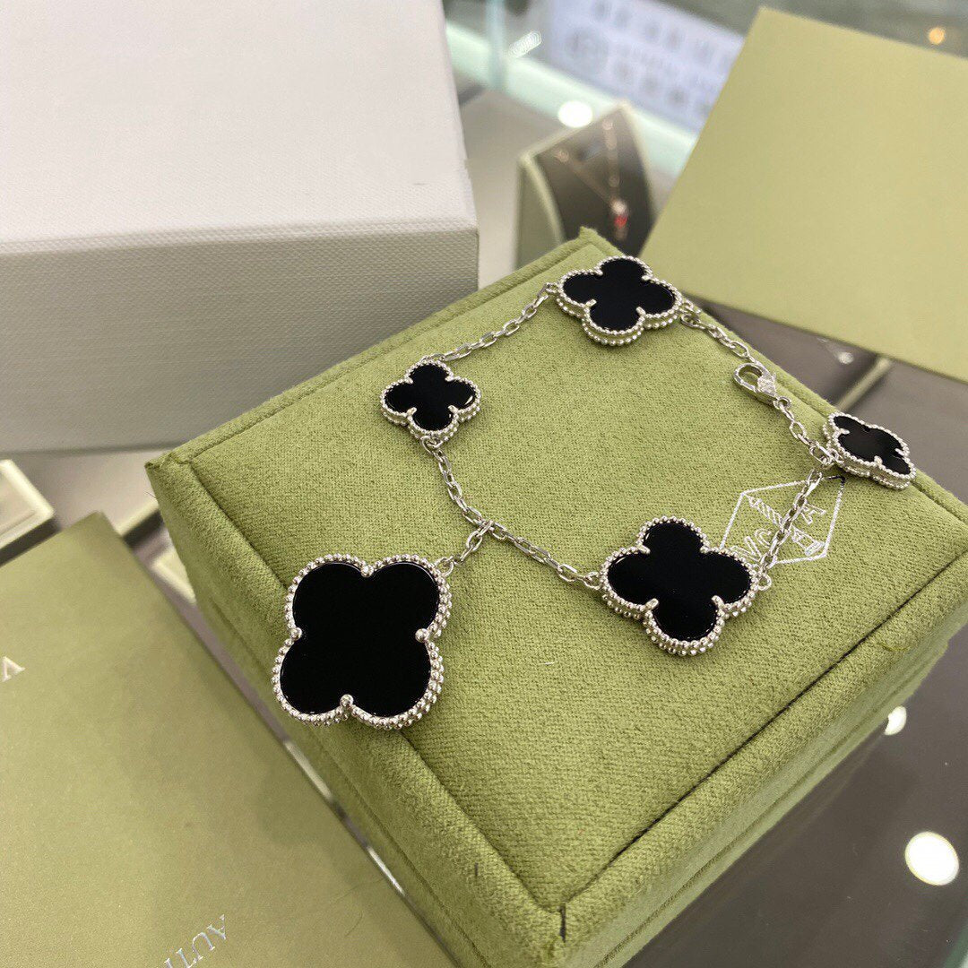 [✨Rose💎]BRACELET TRÈFLE 5 MOTIFS ARGENT ONYX