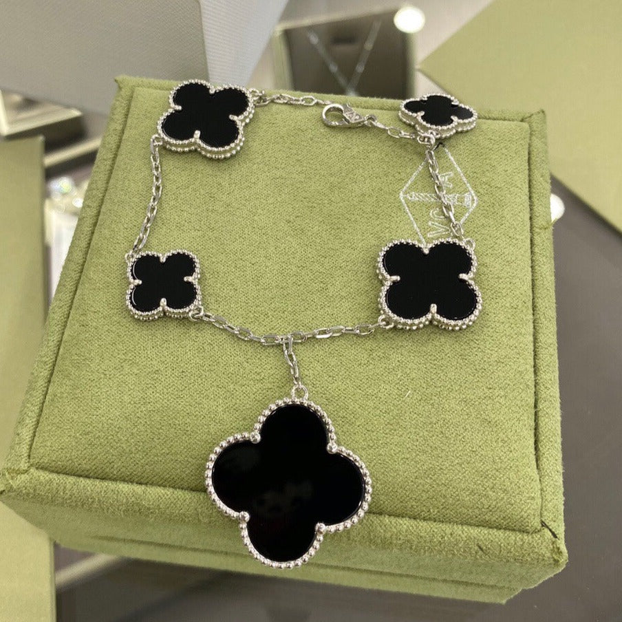 [✨Rose💎]BRACELET TRÈFLE 5 MOTIFS ARGENT ONYX