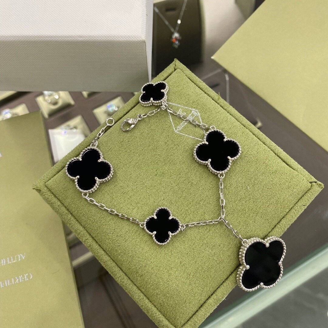 [✨Rose💎]BRACELET TRÈFLE 5 MOTIFS ARGENT ONYX