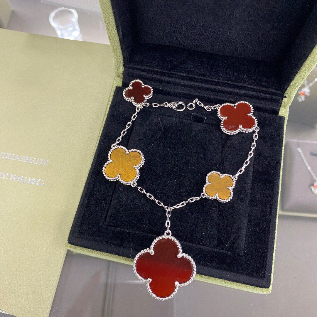 [✨Rose💎]BRACELET TRÈFLE 5 MOTIFS ARGENT CORNALINE ŒIL DE TIGRE