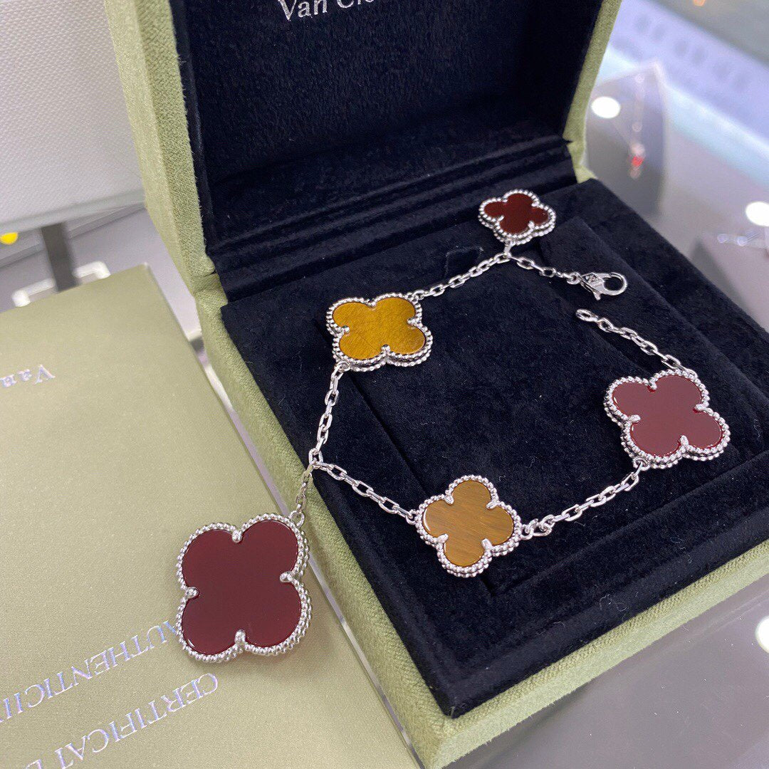 [✨Rose💎]BRACELET TRÈFLE 5 MOTIFS ARGENT CORNALINE ŒIL DE TIGRE