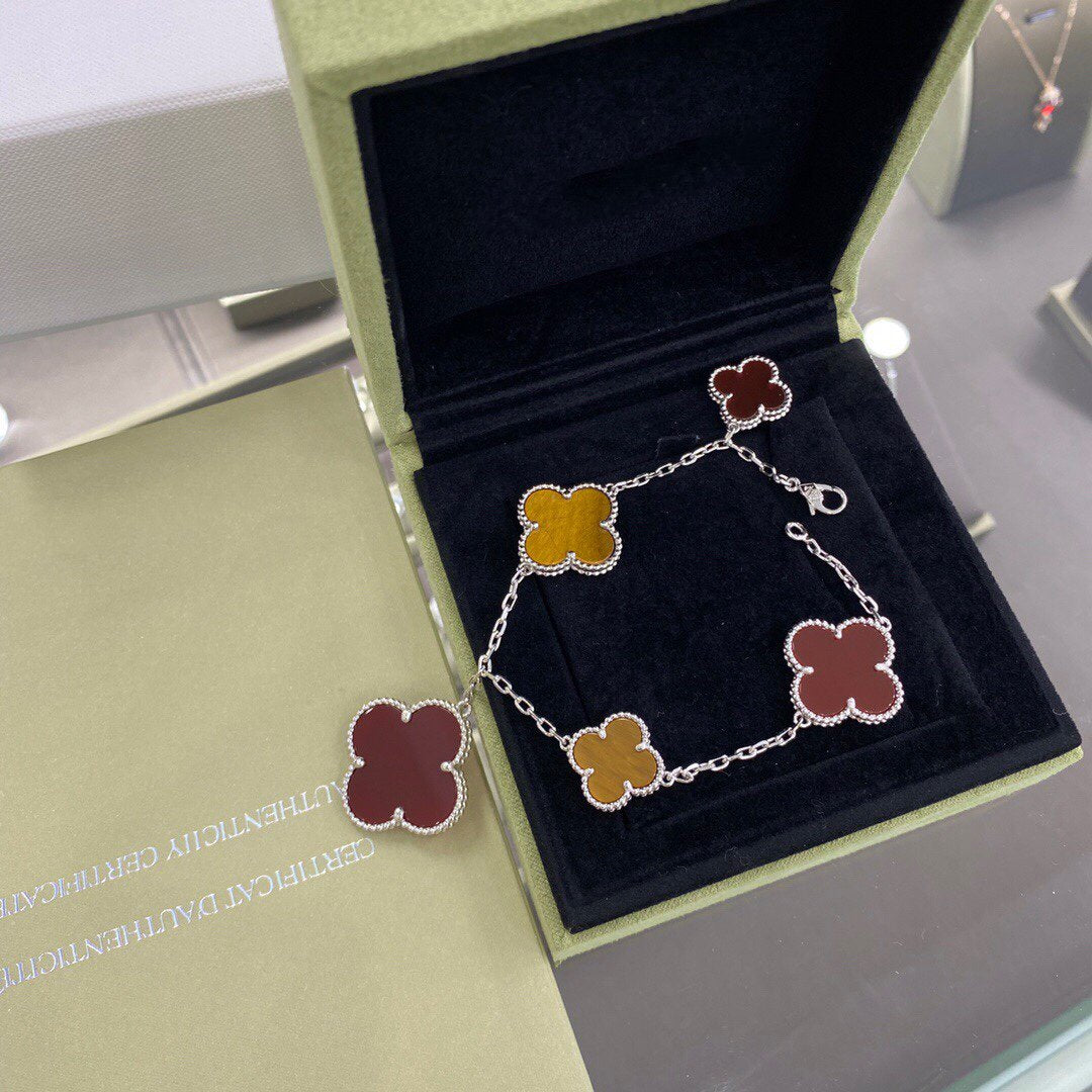 [✨Rose💎]BRACELET TRÈFLE 5 MOTIFS ARGENT CORNALINE ŒIL DE TIGRE