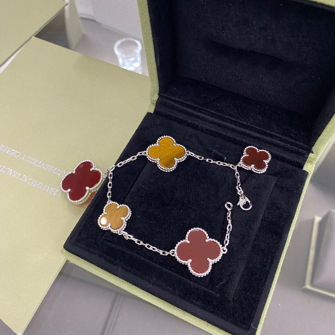 [✨Rose💎]BRACELET TRÈFLE 5 MOTIFS ARGENT CORNALINE ŒIL DE TIGRE