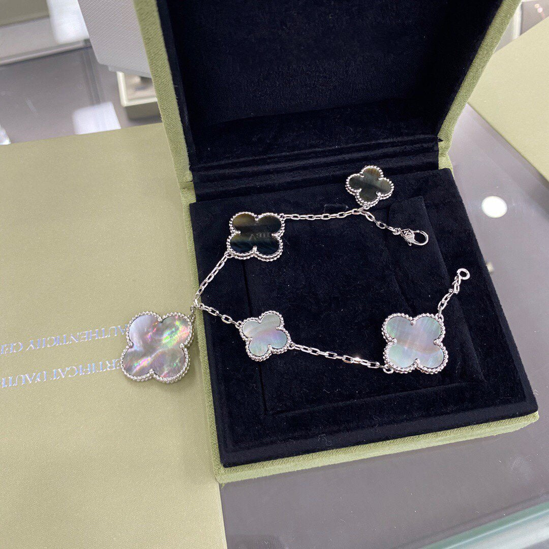 [✨Rose💎]BRACELET TRÈFLE 5 MOTIFS ARGENT FONCÉ