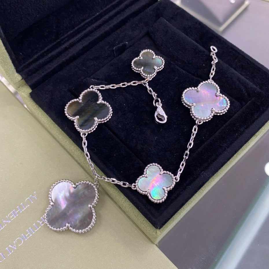 [✨Rose💎]BRACELET TRÈFLE 5 MOTIFS ARGENT FONCÉ