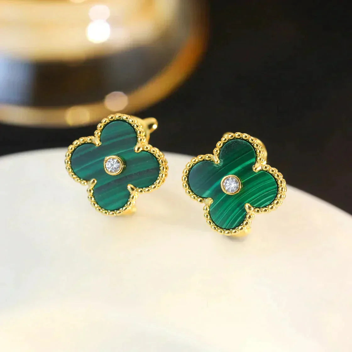 [✨Rose💎] BOUCLES D'OREILLES CLOVER MOYENNES 1 MOTIF MALACHITE DIAMANT