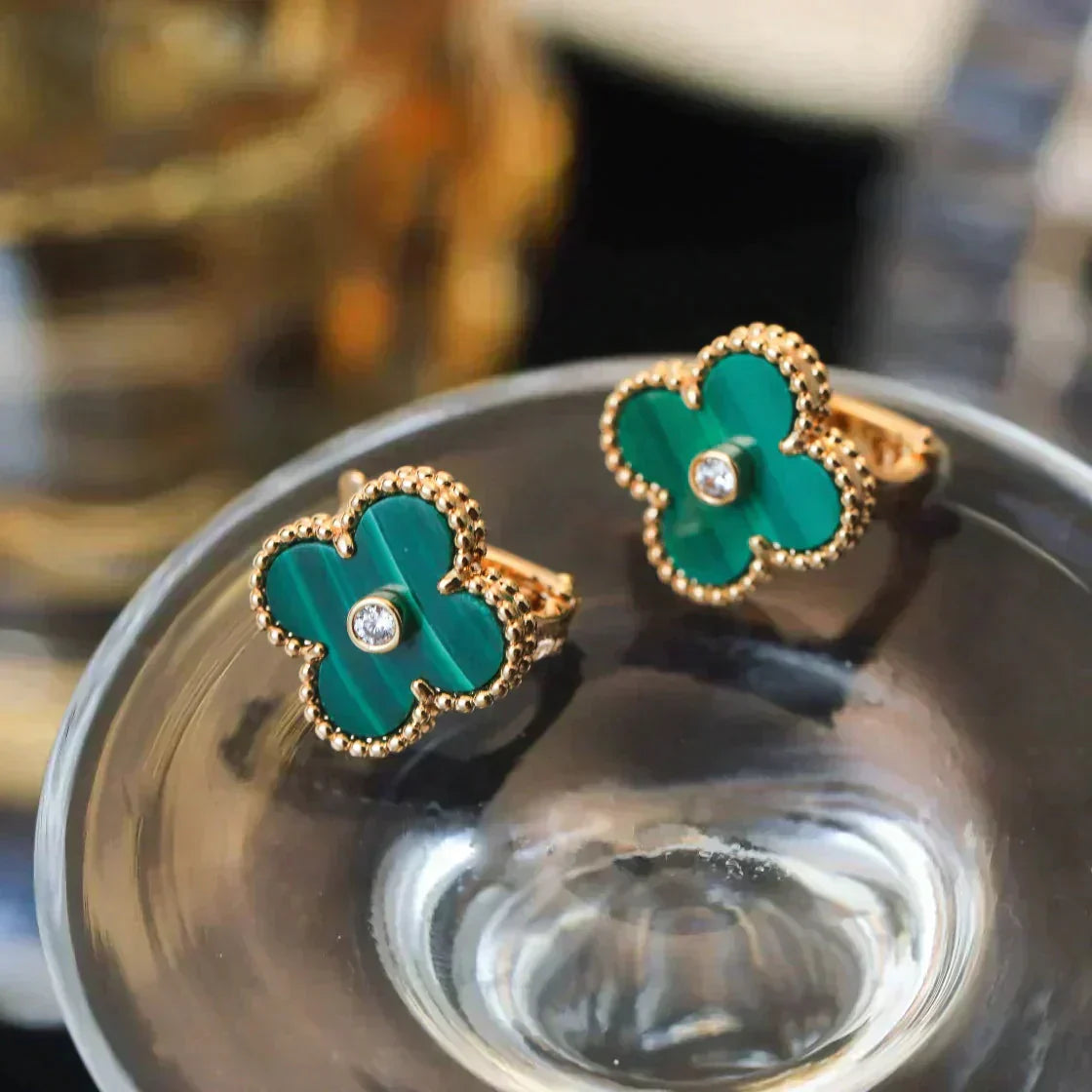 [✨Rose💎] BOUCLES D'OREILLES CLOVER MOYENNES 1 MOTIF MALACHITE DIAMANT