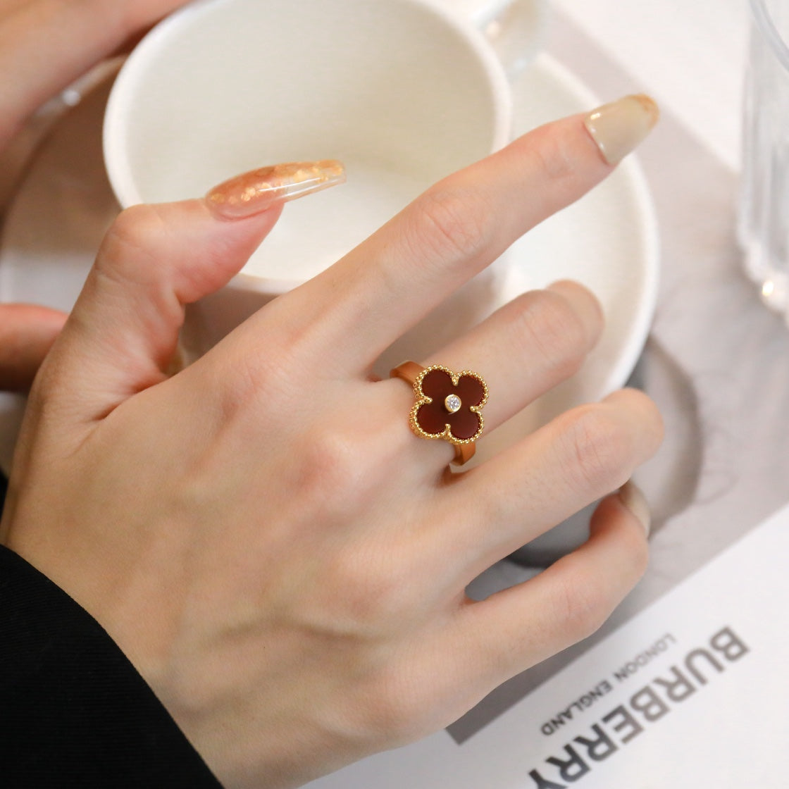 [✨Rose💎]BAGUE TRÈFLE CORNALINE OR ROSE DIAMANT