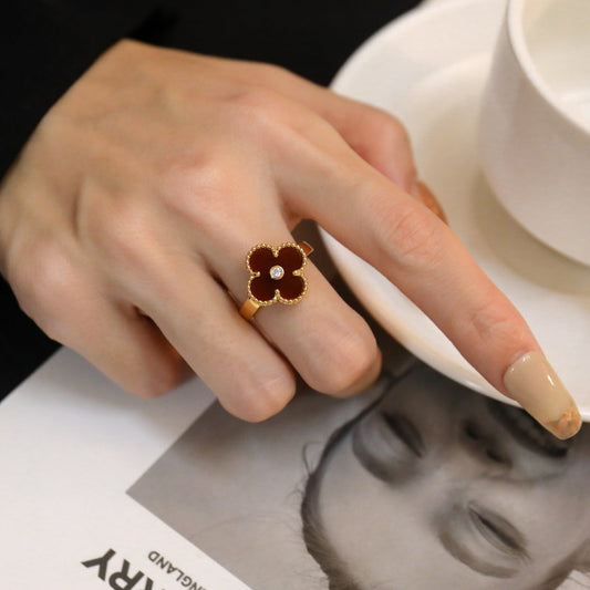 [✨Rose💎]CLOVER CARNELIAN RING ROSE GOLD DIAMOND