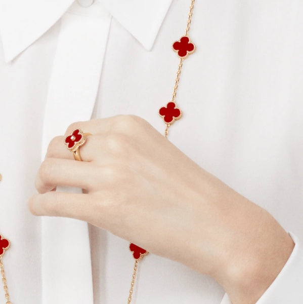 [✨Rose💎]BAGUE TRÈFLE CORNALINE OR ROSE DIAMANT