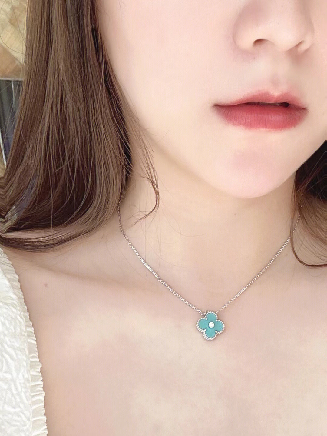 [✨Rose💎] COLLIER TRÈFLE 1 DIAMANT BLEU CLAIR EN ARGENT