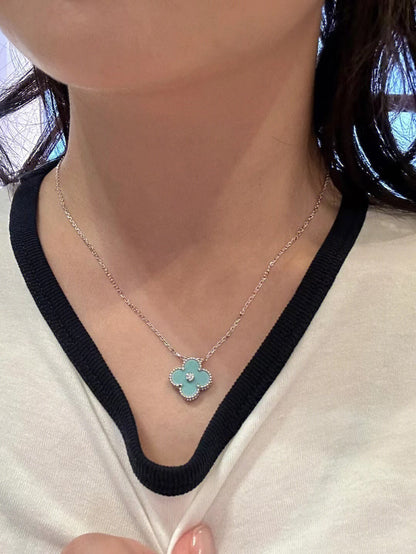 [✨Rose💎] COLLIER TRÈFLE 1 DIAMANT BLEU CLAIR EN ARGENT