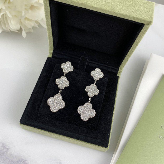 [✨Rose💎]Boucles d'oreilles pendantes en argent et diamants à 3 motifs en forme de trèfle