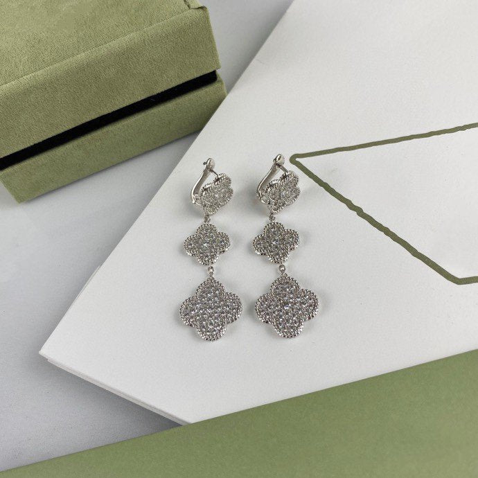 [✨Rose💎]Boucles d'oreilles pendantes en argent et diamants à 3 motifs en forme de trèfle