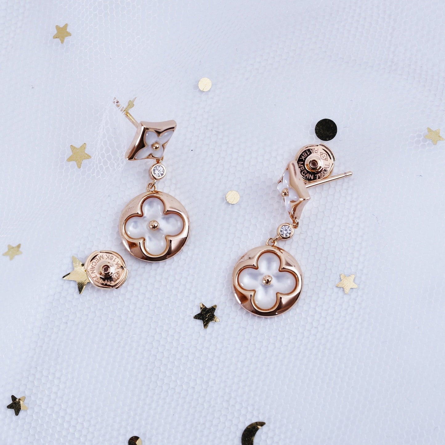 [✨Rose💎]Boucles d'oreilles pendantes en or rose avec étoile et soleil