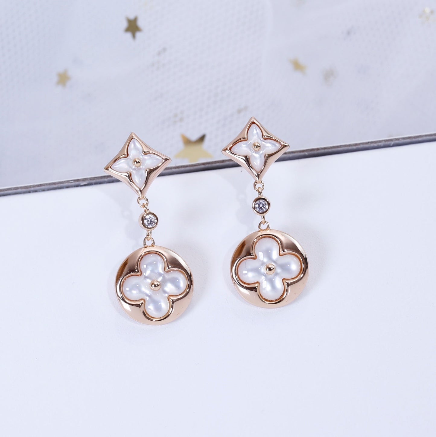 [✨Rose💎]Boucles d'oreilles pendantes en or rose avec étoile et soleil