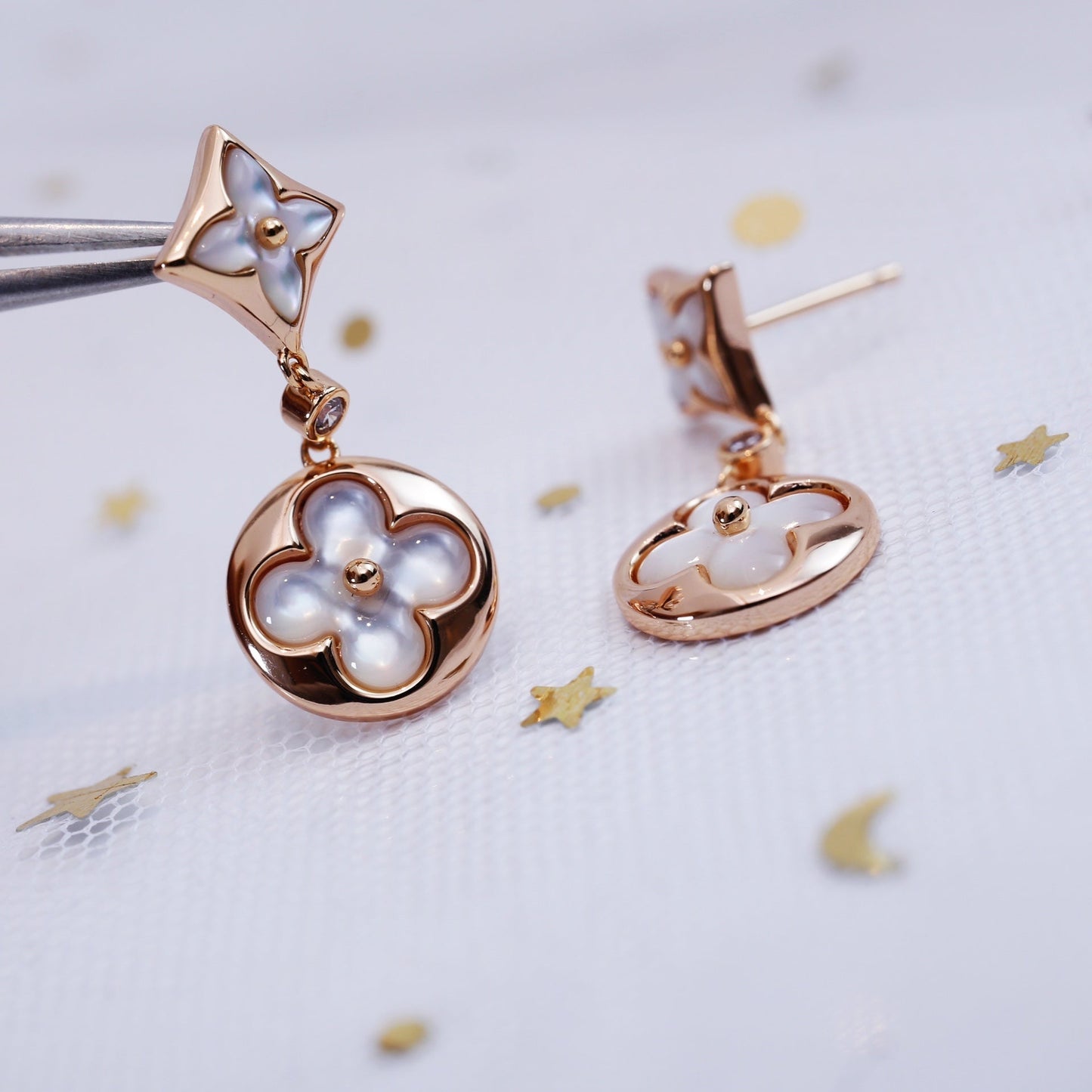 [✨Rose💎]Boucles d'oreilles pendantes en or rose avec étoile et soleil