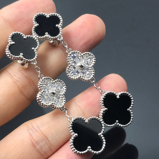 [✨Rose💎]CLOVER 3 MOTIF DIAMOND ONYX SILVER EARRINGS