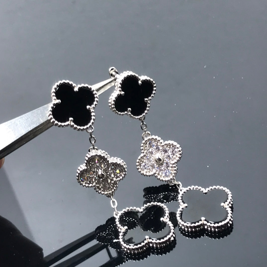 [✨Rose💎] BOUCLES D'OREILLES ARGENT ONYX DIAMANT À 3 MOTIFS CLOVER