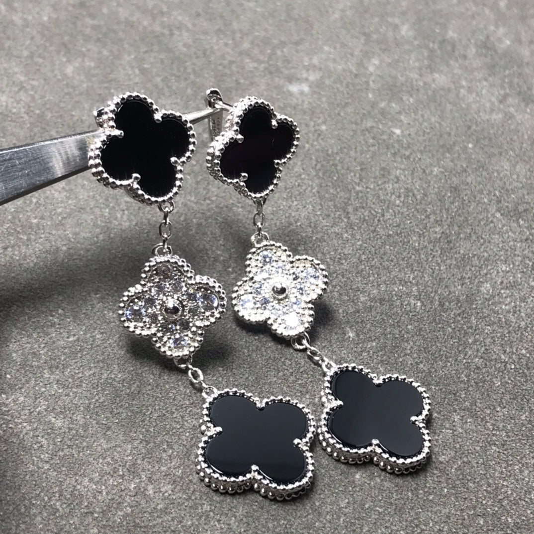 [✨Rose💎] BOUCLES D'OREILLES ARGENT ONYX DIAMANT À 3 MOTIFS CLOVER