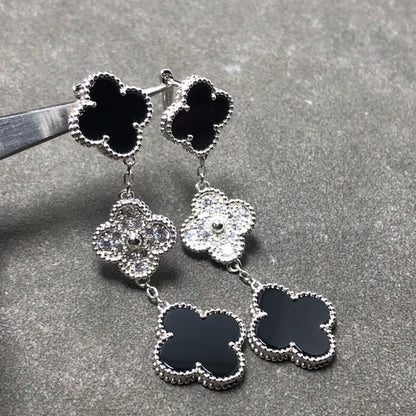 [✨Rose💎] BOUCLES D'OREILLES ARGENT ONYX DIAMANT À 3 MOTIFS CLOVER