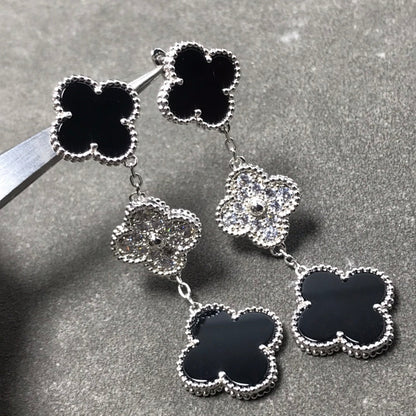 [✨Rose💎] BOUCLES D'OREILLES ARGENT ONYX DIAMANT À 3 MOTIFS CLOVER