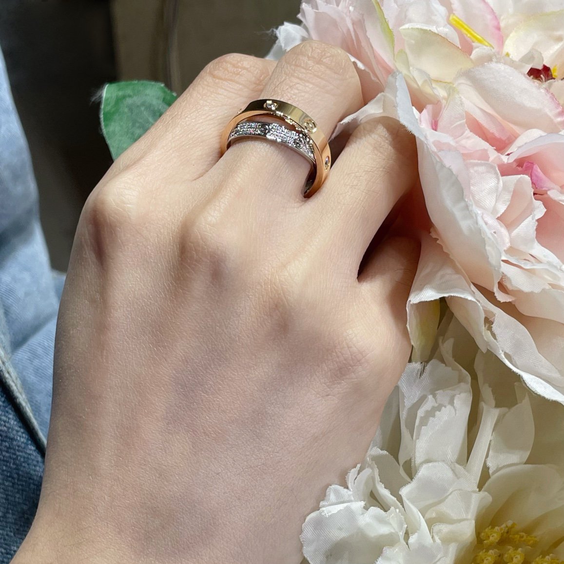 [✨Rose💎] BAGUE DOUBLE AMOUR OR ROSE ARGENT DIAMANT