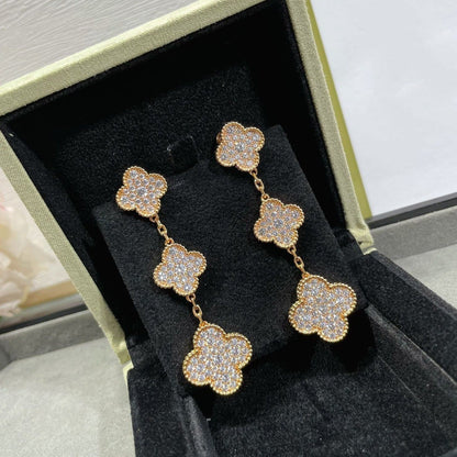 [✨Rose💎] BOUCLES D'OREILLES EN OR ROSE PAVÉ DE DIAMANTS À 3 MOTIFS CLOVER