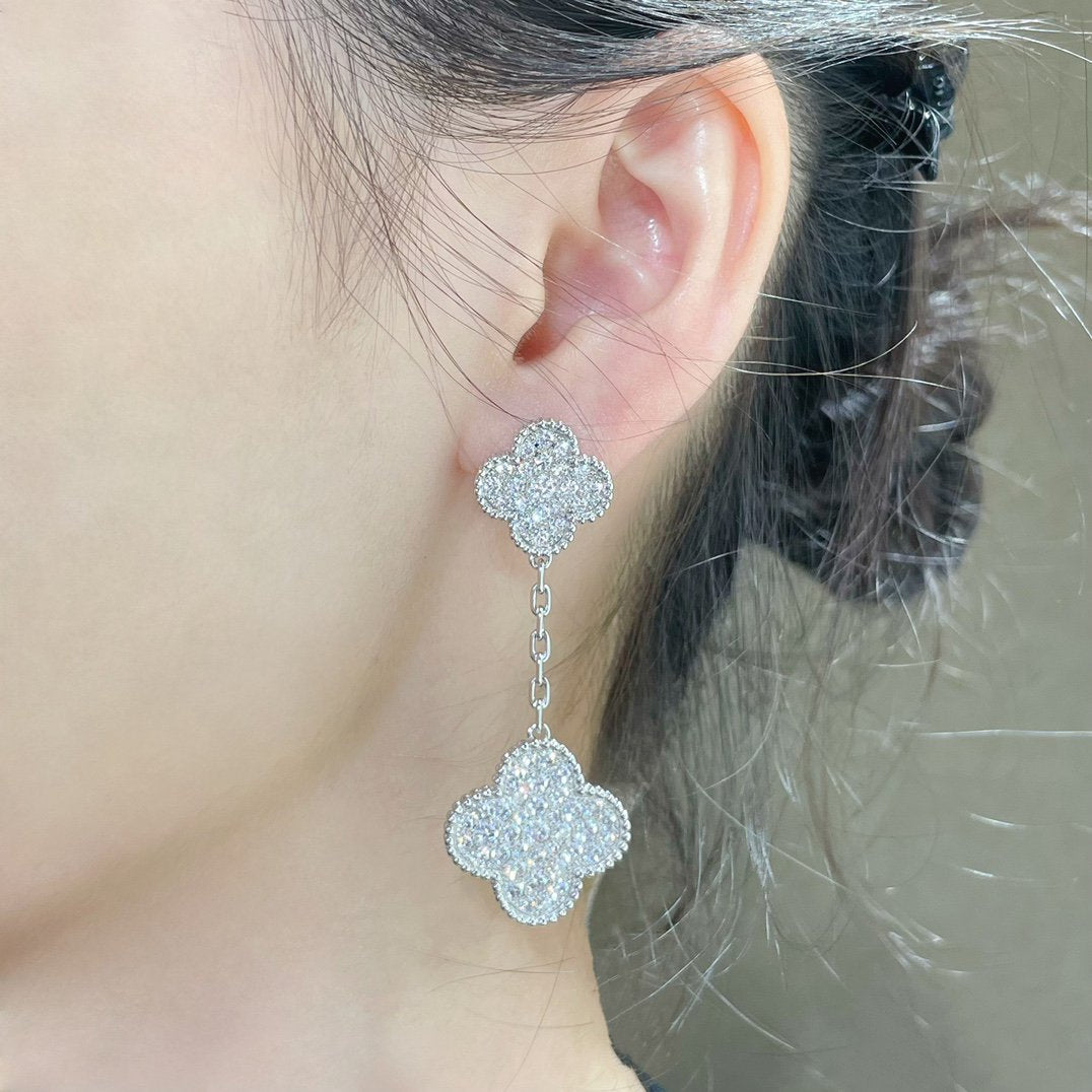 [✨Rose💎] BOUCLES D'OREILLES EN ARGENT PAVÉ DE DIAMANTS À 2 MOTIFS CLOVER