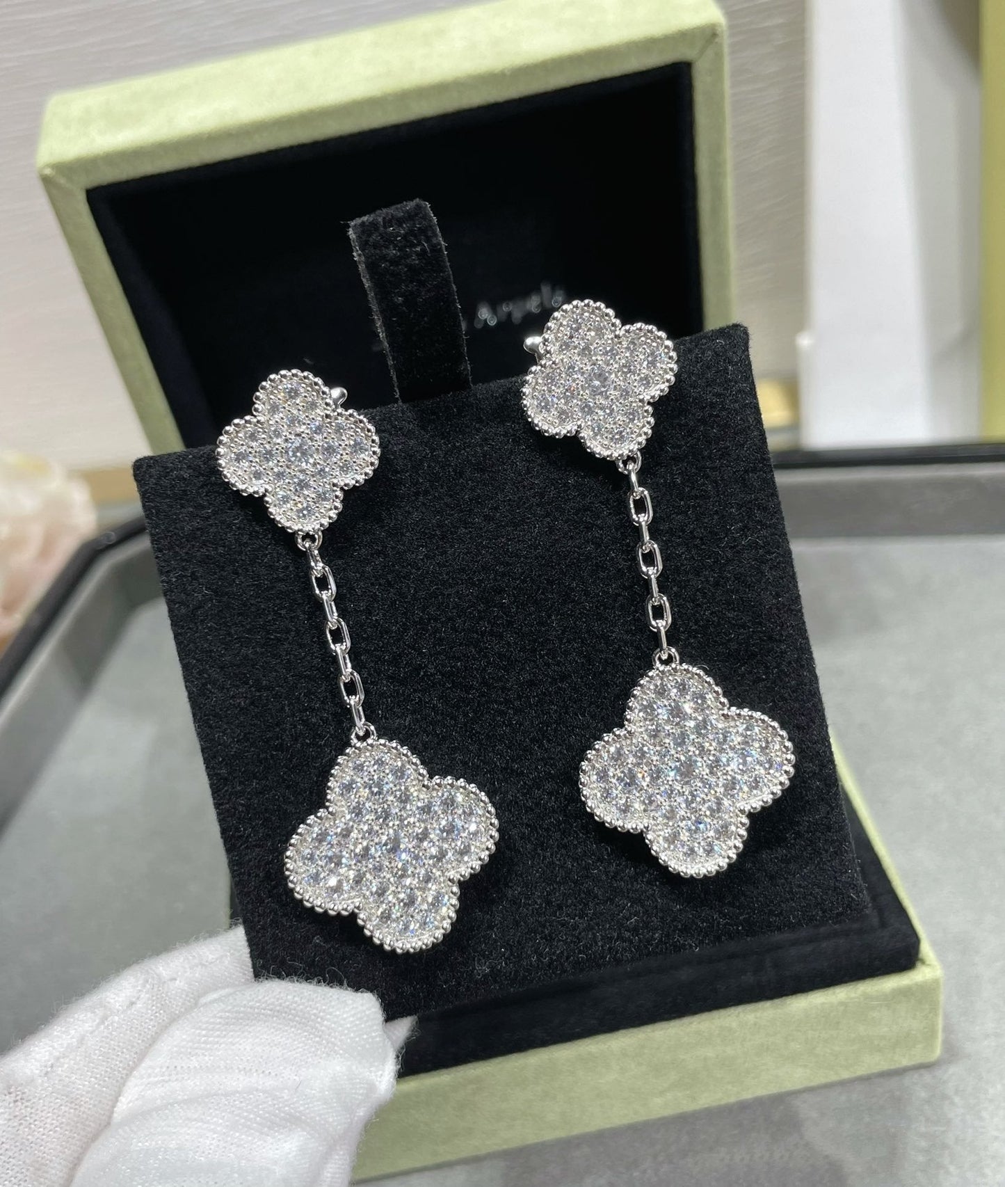 [✨Rose💎] BOUCLES D'OREILLES EN ARGENT PAVÉ DE DIAMANTS À 2 MOTIFS CLOVER