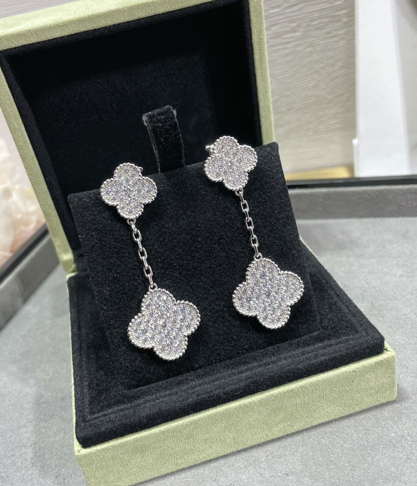 [✨Rose💎] BOUCLES D'OREILLES EN ARGENT PAVÉ DE DIAMANTS À 2 MOTIFS CLOVER