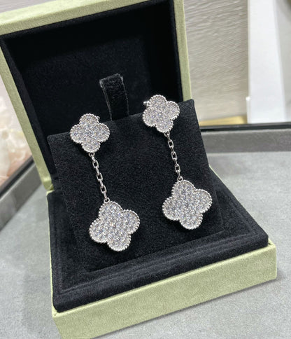 [✨Rose💎] BOUCLES D'OREILLES EN ARGENT PAVÉ DE DIAMANTS À 2 MOTIFS CLOVER