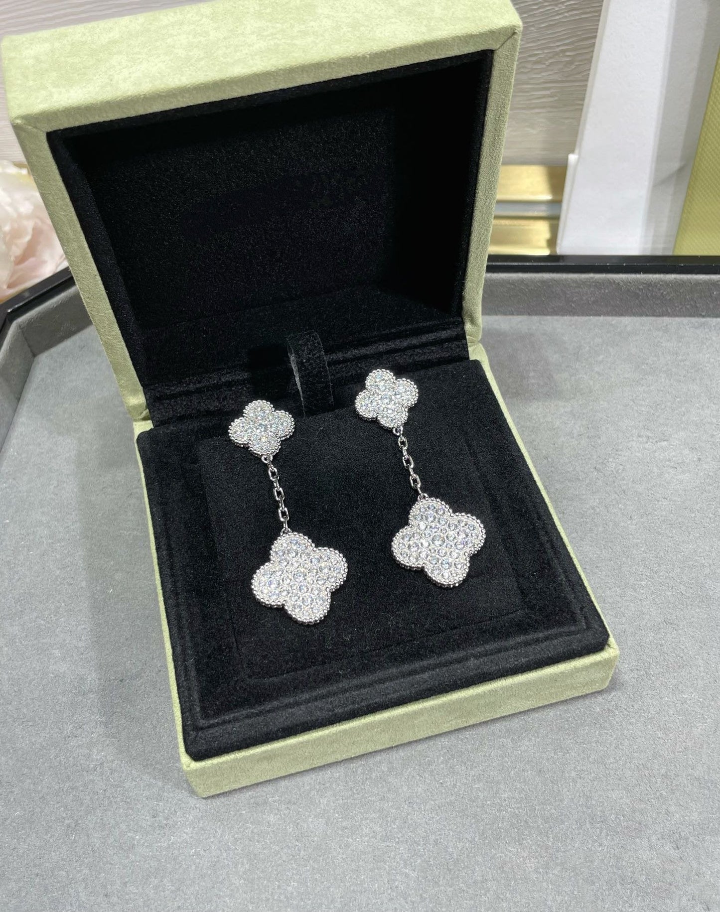[✨Rose💎] BOUCLES D'OREILLES EN ARGENT PAVÉ DE DIAMANTS À 2 MOTIFS CLOVER