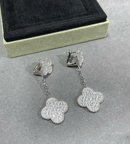 [✨Rose💎] BOUCLES D'OREILLES EN ARGENT PAVÉ DE DIAMANTS À 2 MOTIFS CLOVER