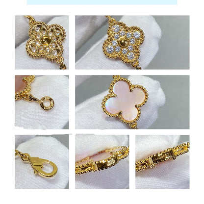 [✨Rose💎]BRACELET EN OR ROSE AVEC 5 MOTIF DE TRÈFLE ET DIAMANT