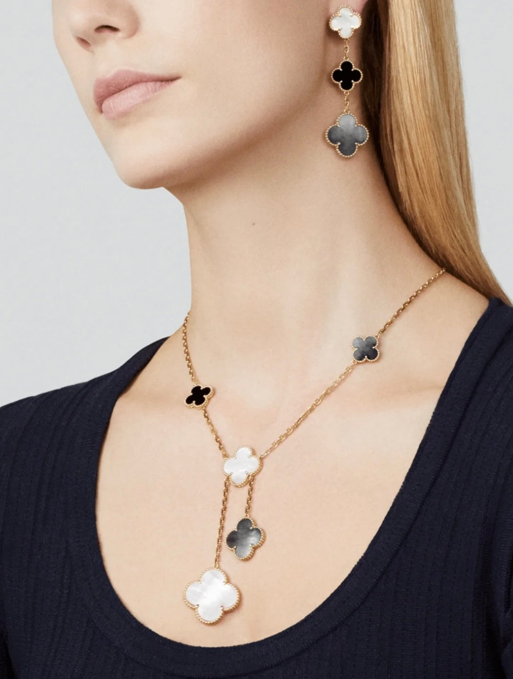[✨Rose💎] BOUCLES D'OREILLES EN OR ROSE À 3 MOTIFS EN NACRE ONYX FONCÉ