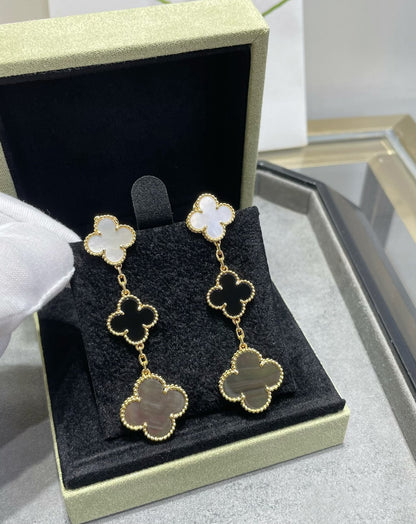 [✨Rose💎] BOUCLES D'OREILLES EN OR ROSE À 3 MOTIFS EN NACRE ONYX FONCÉ