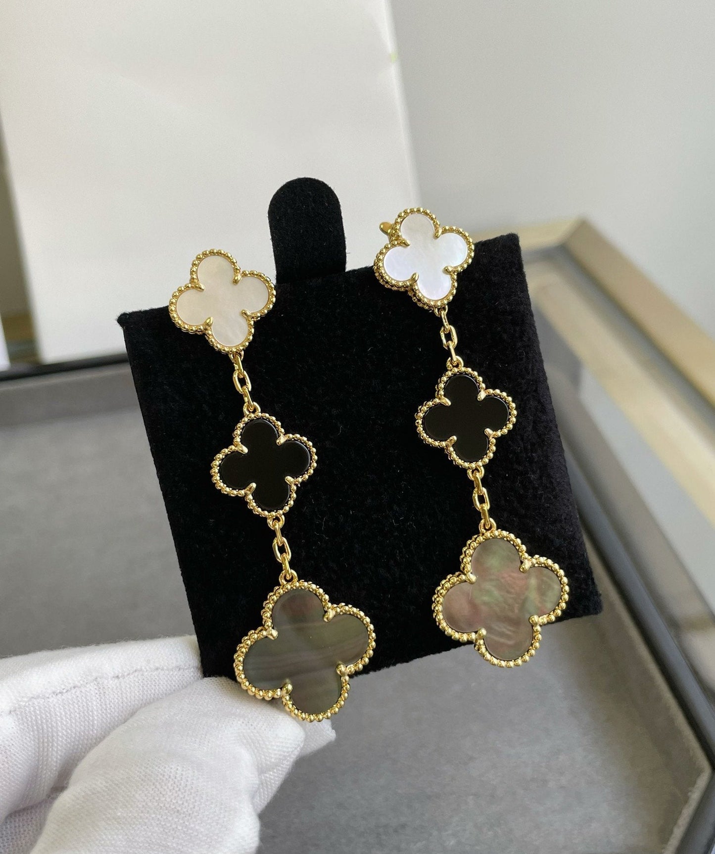 [✨Rose💎] BOUCLES D'OREILLES EN OR ROSE À 3 MOTIFS EN NACRE ONYX FONCÉ