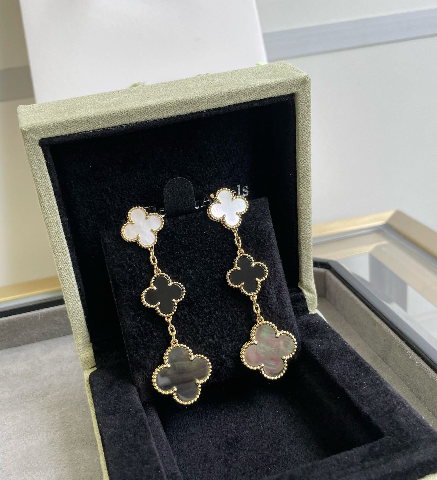 [✨Rose💎] BOUCLES D'OREILLES EN OR ROSE À 3 MOTIFS EN NACRE ONYX FONCÉ