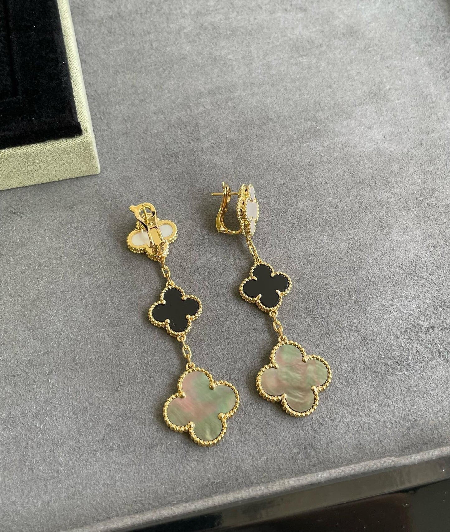 [✨Rose💎] BOUCLES D'OREILLES EN OR ROSE À 3 MOTIFS EN NACRE ONYX FONCÉ