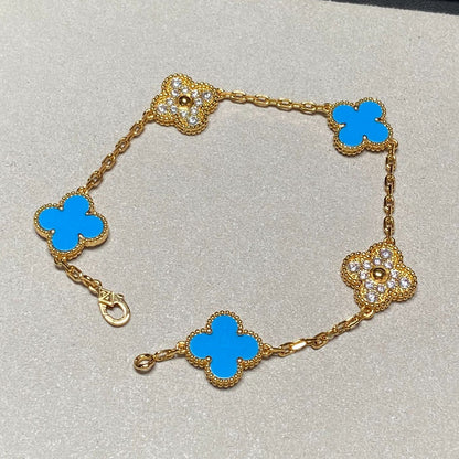 [✨Rose💎]BRACELET EN OR ET DIAMANTS À 5 MOTIFS EN CALCÉDOINE BLEUE 