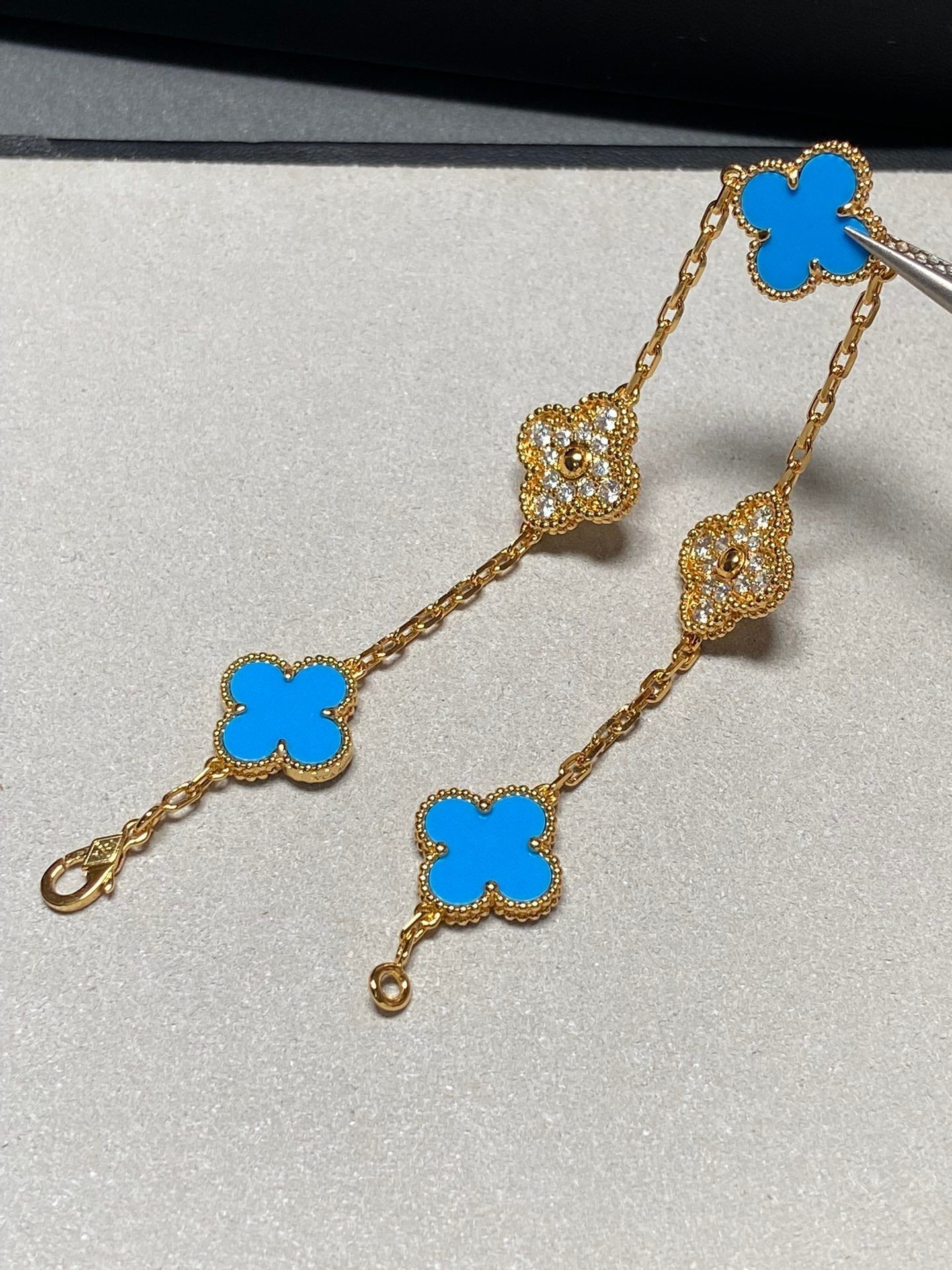 [✨Rose💎]BRACELET EN OR ET DIAMANTS À 5 MOTIFS EN CALCÉDOINE BLEUE 