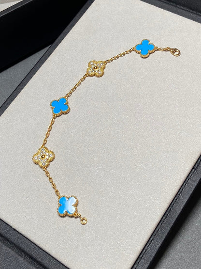 [✨Rose💎]BRACELET EN OR ET DIAMANTS À 5 MOTIFS EN CALCÉDOINE BLEUE 