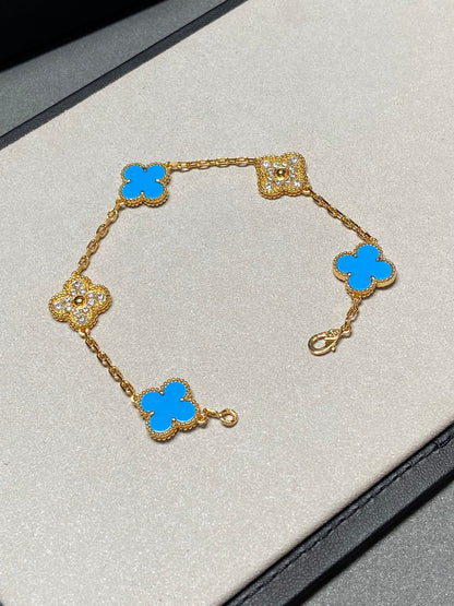 [✨Rose💎]BRACELET EN OR ET DIAMANTS À 5 MOTIFS EN CALCÉDOINE BLEUE 