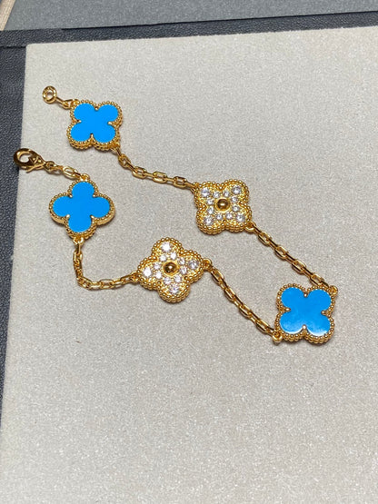[✨Rose💎]BRACELET EN OR ET DIAMANTS À 5 MOTIFS EN CALCÉDOINE BLEUE 