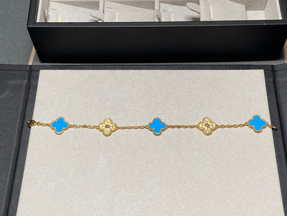 [✨Rose💎]BRACELET EN OR ET DIAMANTS À 5 MOTIFS EN CALCÉDOINE BLEUE 