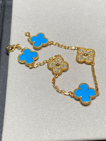 [✨Rose💎]BRACELET EN OR ET DIAMANTS À 5 MOTIFS EN CALCÉDOINE BLEUE 